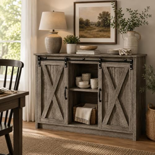 4 EVER WINNER Farmhouse Coffee Bar, 42 Inch Coffee Bar Cabinet, Wash Grey