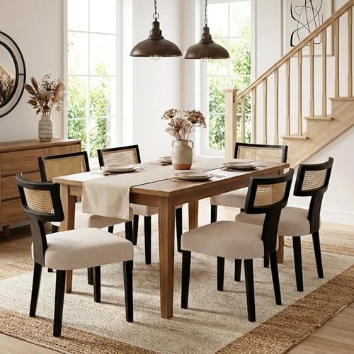 HNY Mid Century Modern Rattan Dining Chairs Set of 6, Farmhouse Linen Upholst...