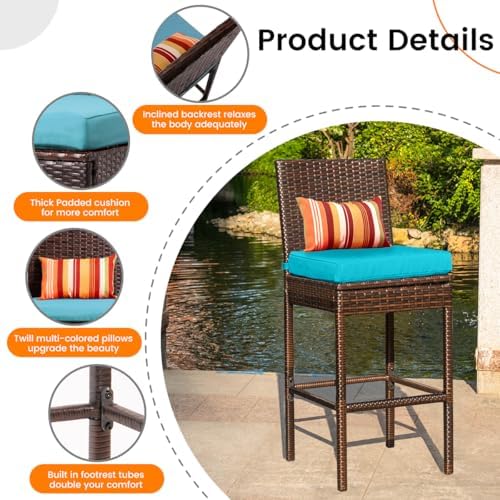 Sundale Outdoor Wicker Bar Stool Set of 2, 29 Inch Seat Height Patio Stool
