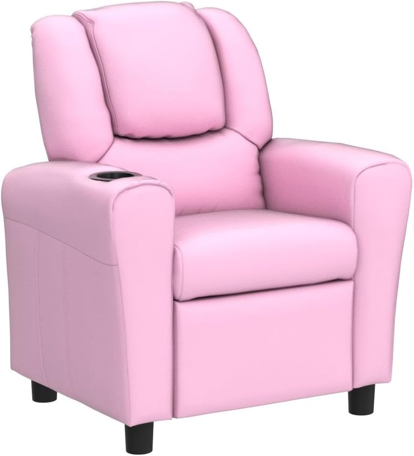 Kids Recliner chair, toddler Armchair Upholstered Couch with Cup Holder, Backrest, baby Leather sofa with Headrest and Footrest, Child Furniture for Ages 2-7(Pink)