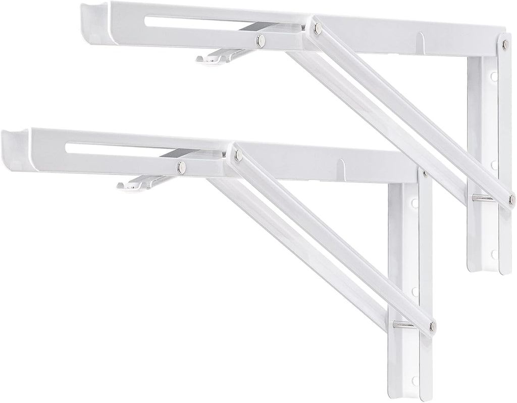 YUMORE Folding Shelf Brackets, 16 Inch Heavy Duty Collapsible Shelf Bracket, White DIY L Bracket for Workbench Folding Table Hinge, Max Load: 330lb, Pack of 2