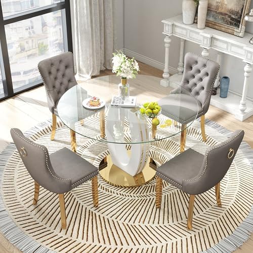 RGZ Modern 47" Clear Glass Round Dining Table Set, 5 PCS Luxury Circle G...