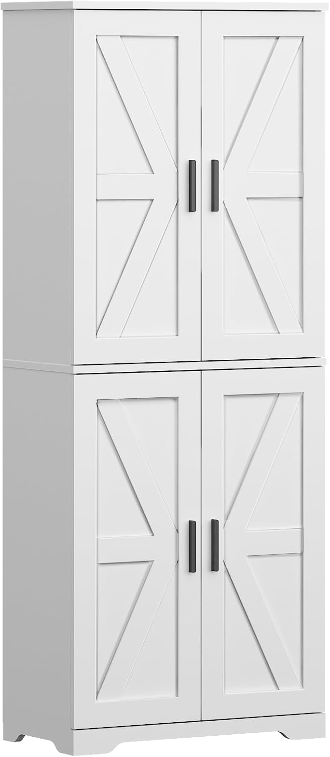 Farmhouse Storage Cabinet with 4 Door, Kitchen Pantry Storage with 4 Adjustab...