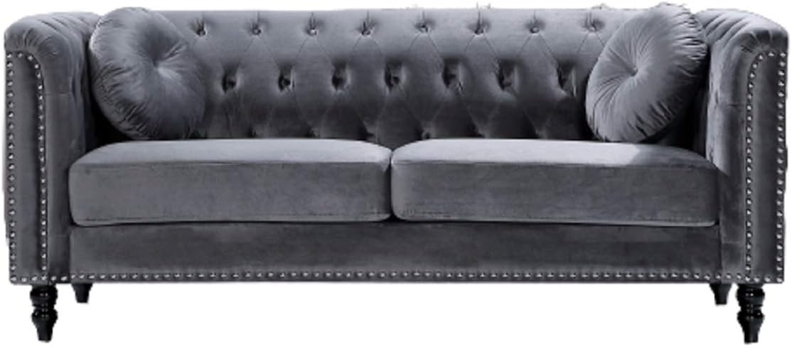 Container Furniture Direct Zenvor Velvet Chesterfield Sofa for Living Room, Apartment or Office, Mid Century Modern Couch with Diamond Tufts and Nailhead Accent, 75.98", Grey
