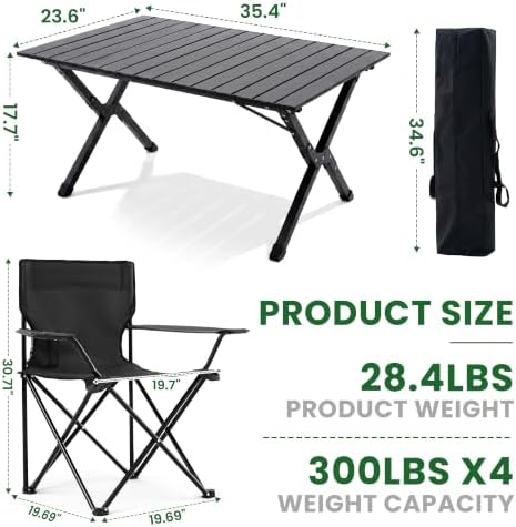 4 Pack Folding Camping Chairs with Table Set, Foldable Portable Lawn Chairs w...