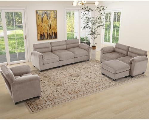 HAOMARKETS Corduroy Sofa Set, Upholstered Ottoman Footrest, Modern Living Roo...