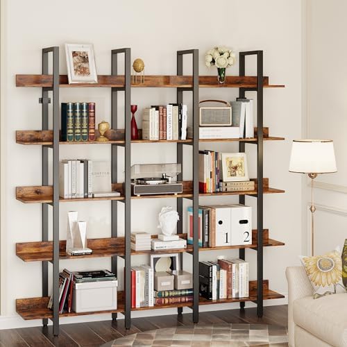 IRONCK Book Shelf Triple Wide Bookshelves 5 Tiers with Back Fence