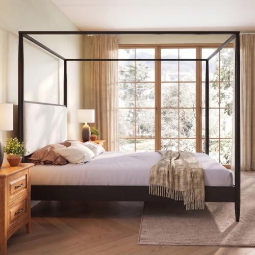 Merax Black Queen Size Canopy Bed Frame with Boucle Headboard and 4 Poster