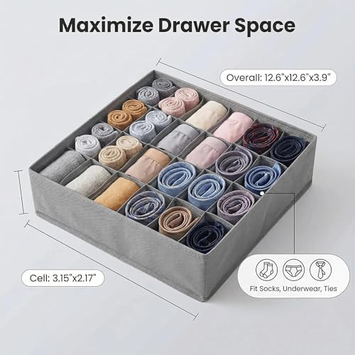 2 Pack Foldable Sock Drawer Organizer Divider, 24-Cell Underwear Organizers Closet Storage Box with Zipper, Strong Fabric for Socks, Shorts, Handkerchiefs, Ties, Belts (Grey)