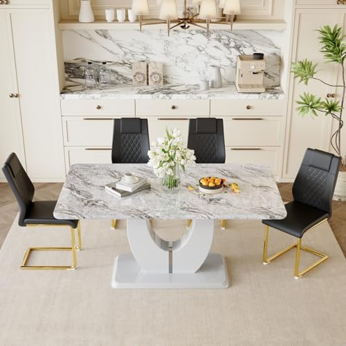 JUFU 5-Piece Dining Table Set for 4, 63-Inch Faux Marble with PU Chairs