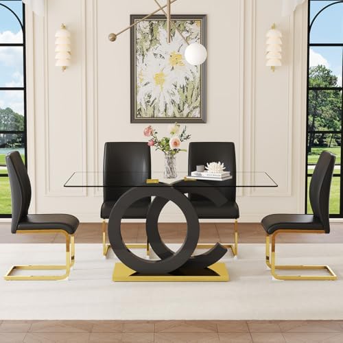 63" Glass Dining Table Set for 4, Modern Dining Table Set for 4, Tempere...