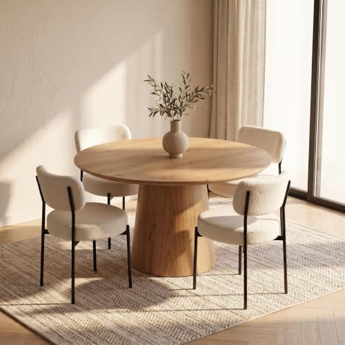 White Boucle Dining Chairs Set of 4, Modern Dining Room Chair with Larger Cur...