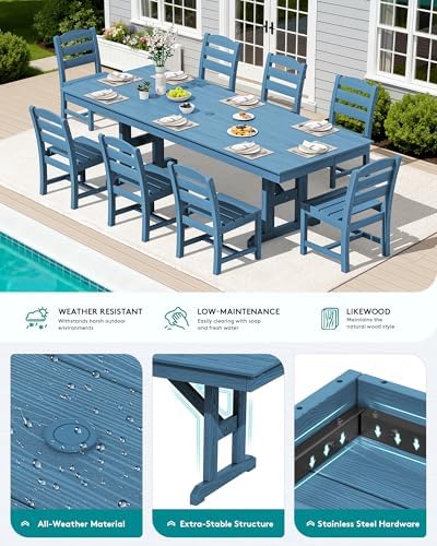 SERWALL 9Pcs 84" HDPE Outdoor Dining Set for 8 with Armless Chairs,Blue