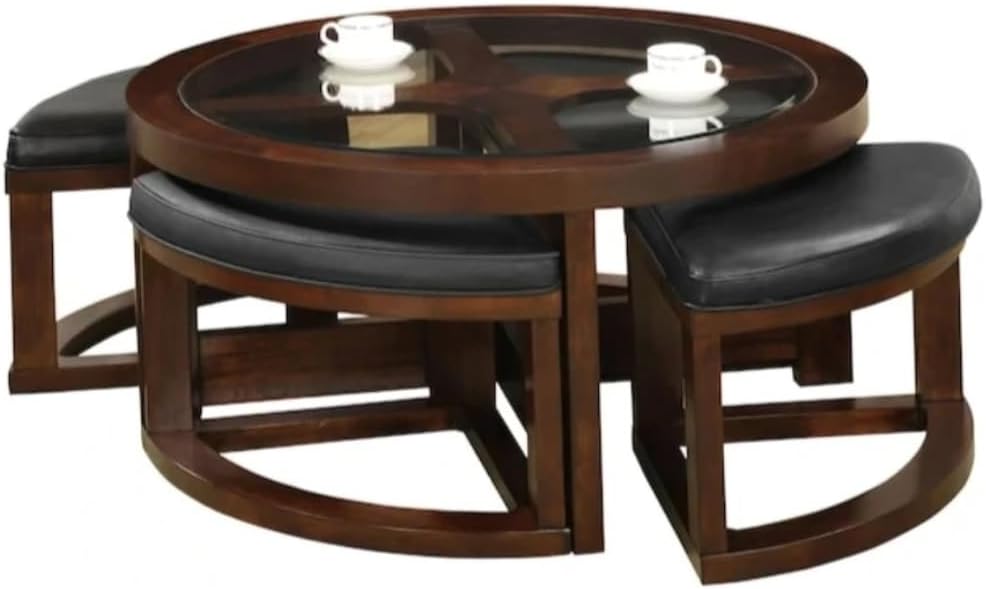 Dark Walnut Coffee Table Glass Insert Top Ottoman Included Table Set Living R...