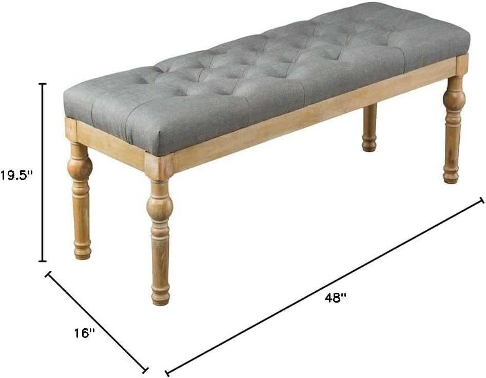 Roundhill Furniture Habit Solid Wood Button Tufted Dining Bench, Grey