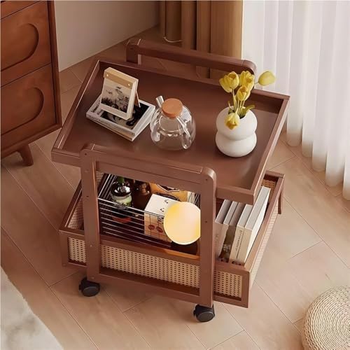 Modern 2-Tier Bamboo Rolling Side Table with Rattan, Stylish Coffee Table on ...