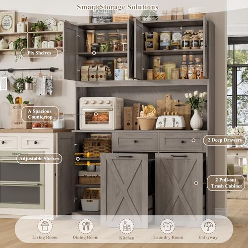 HOSTACK 71" Kitchen Pantry with 12.5 Gallon Double Trash Can Cabinet, Gr...