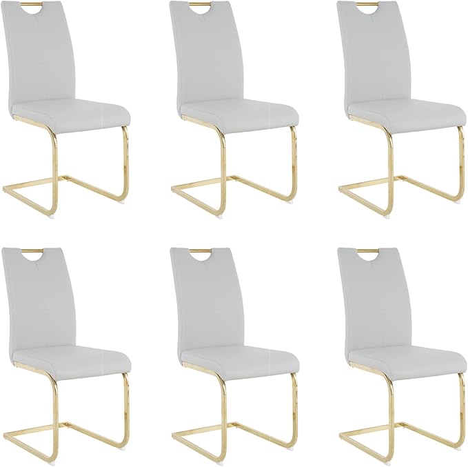 Goujxcy Dining Chairs Set of 6, Modern High Back Kitchen Chairs with Metal Legs and Faux Leather Padded Seat Upholstered Dining Chairs for Dining & Kitchen,Living Room (Light Gray&Gold, Set of 6)