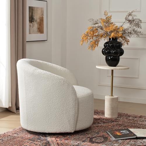 KINWELL 34" W Mid Century Modern Boucle Swivel Barrel Chair, Cream