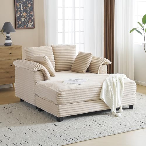 VINGLI 56" Oversized Chaise Lounge Chair, Beige Comfy Corduroy Chaise So...
