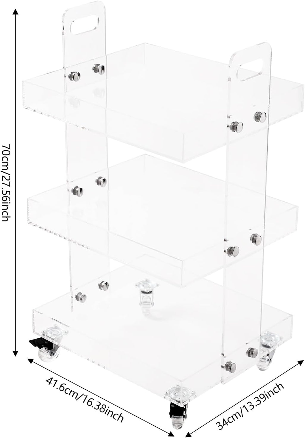 3-Tier Acrylic Utility Rolling Cart with 4 Lockable Wheels,for Storing Kitchenware, Toiletries,Snacks,Vegetables,Fruits,Cosmetics,Documents（16.38 * 13.39 * 27.56in）
