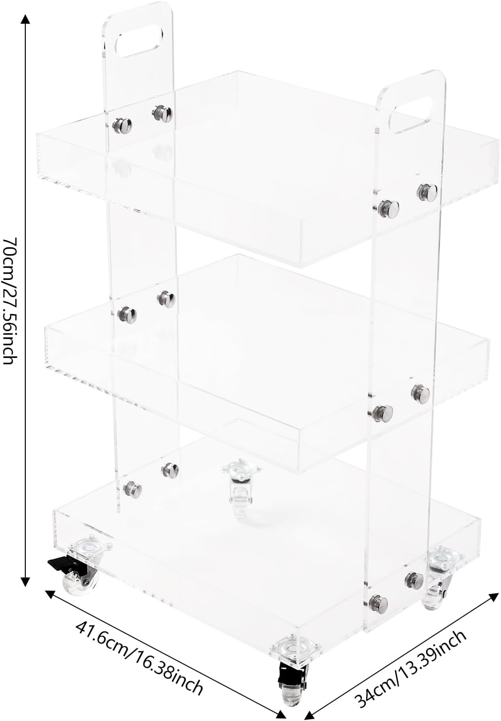 3-Tier Acrylic Utility Rolling Cart with 4 Lockable Wheels,for Storing Kitchenware, Toiletries,Snacks,Vegetables,Fruits,Cosmetics,Documents（16.38 * 13.39 * 27.56in）