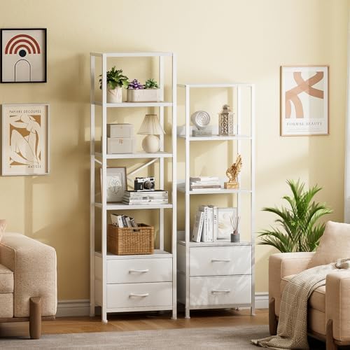 Furnulem 5-Tier Corner Shelf,Tall Narrow Bookshelf with Drawers,White