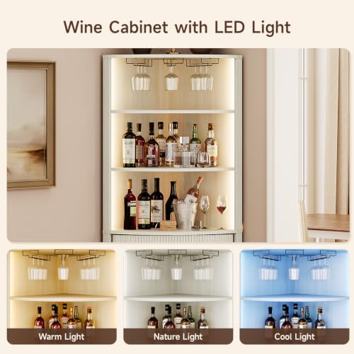 ONBRILL 72" Tall Corner Bar Cabinet with LED Light, Liquor Cabinets, White