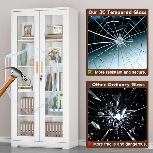 UNICOLY Lockable Display Cabinet with Glass Doors and 4 Adjustable Shelves