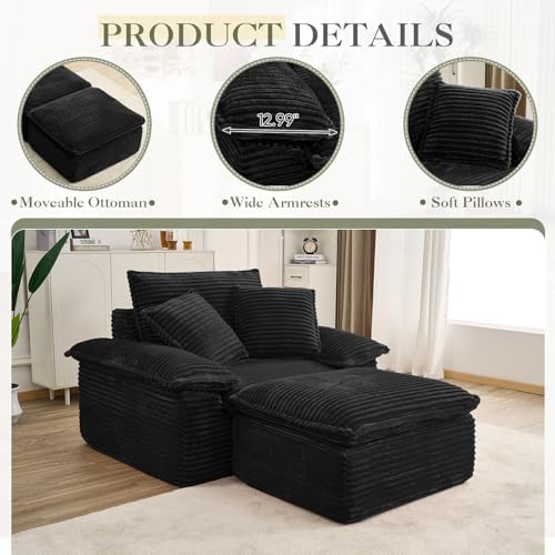 Oversized Chaise Lounge Chair Indoor with Ottoman, Upholstered Corduroy Moder...