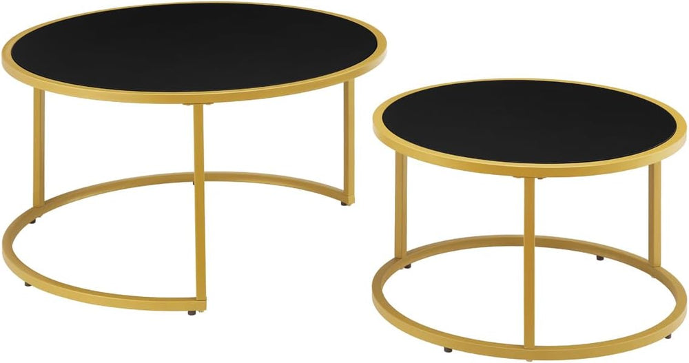 24KF Modern Faux Leather Nesting Round Coffee Table with Golden Metal Base,Ac...