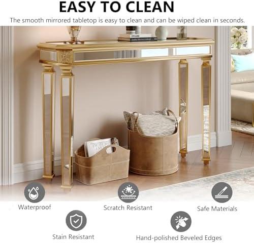 Gold Mirrored Console Table, 48" Rectangle Glass Sofa Table with Mirrore...
