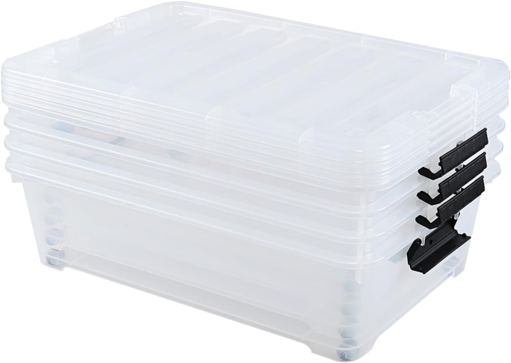 4-Pack 25 Quart Large Plastic Underbed Clothes Storage Containers Bins, Wheeled Latching Box with Lids for Closet Organizers Shoes Underbed, Clear