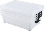 4-Pack 25 Quart Large Plastic Underbed Clothes Storage Containers Bins, Wheeled Latching Box with Lids for Closet Organizers Shoes Underbed, Clear