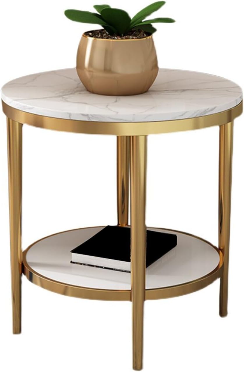 Bedside/Sofa Side Table: Stainless Steel & Marble Two-Tier Small Round Ta...