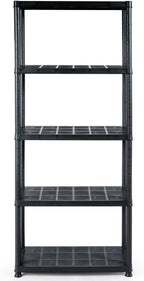 IRONMAX 5-Tier Plastic Shelving Unit, Multi-Purpose Shelf Rack, No Tools Required, Free Standing Storage Shelves for Garage Basement Kitchen, Black (1, 33.5“L X 16”W X 73“H)