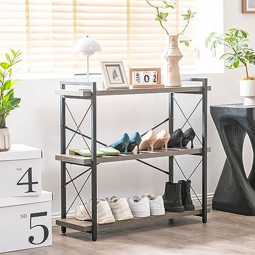 HCHQHS Bookshelf, 3-Tier Industrial Bookcase, Rustic Open Book Shelf, Freesta...