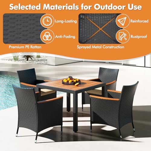 Tangkula 5 Pieces Rattan Outdoor Dining Set for 4, Outdoor Acacia Wood Table ...