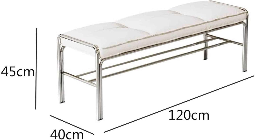 Modern Stainless Steel Long Bench with White Leather Cushion Home-use Soft-Pa...