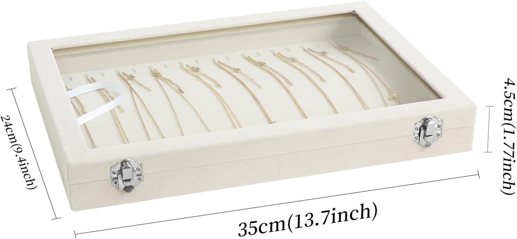 Wudygirl Necklace Organizer with Clear Glass Lid Stackable Jewelry Organizer Tray with 20 Hooks for Necklace Bracelet(Beige Necklace Box)