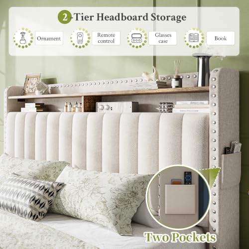 EnHomee King Size Bed Frame with 2 Drawer & 2-Tier Storage Headboard Shelf