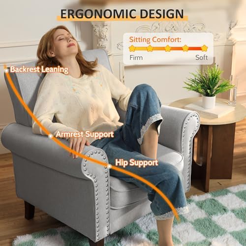 PrimeZone Comfy Accent Chair, Mid-Century Modern Living Room Chair, Grey