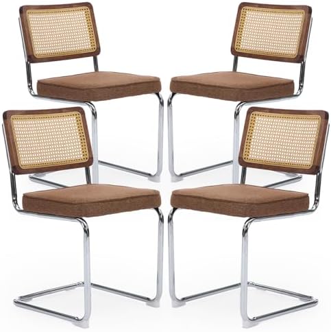 Rattan Back Linen Dining Chair Set of 4 Modern Breuer Designed Stainless Chro...