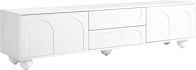 Ball & Cast 70" Modern TV Stand for TVs up to 75", Cream Media Console with Arched Push-to-Open Doors,2 Cabinets & 2 Drawers, 5 Iron Round Legs,Entertainment Center for Living Room,Bedroom,White