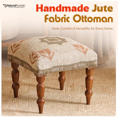 Handmade Jute Upholstered Ottoman Stool | Square Foot Rest with Wooden Legs |...