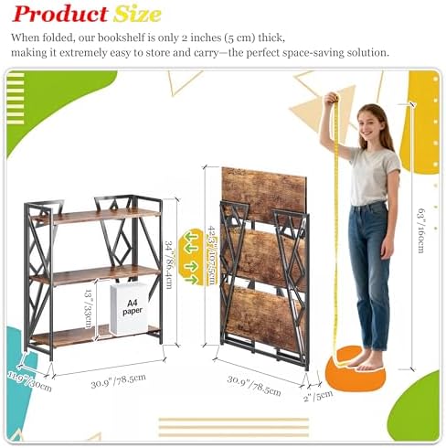 UDD No Assembly Wide Folding Bookshelf, 34" H x 30.9" W, 3 Tier Fol...