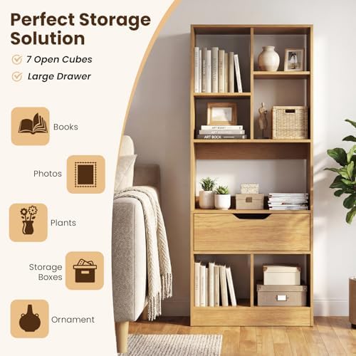 Tangkula 51” Tall Open Bookcase with Drawer, 7-Cube Display Storage Cabinet O...