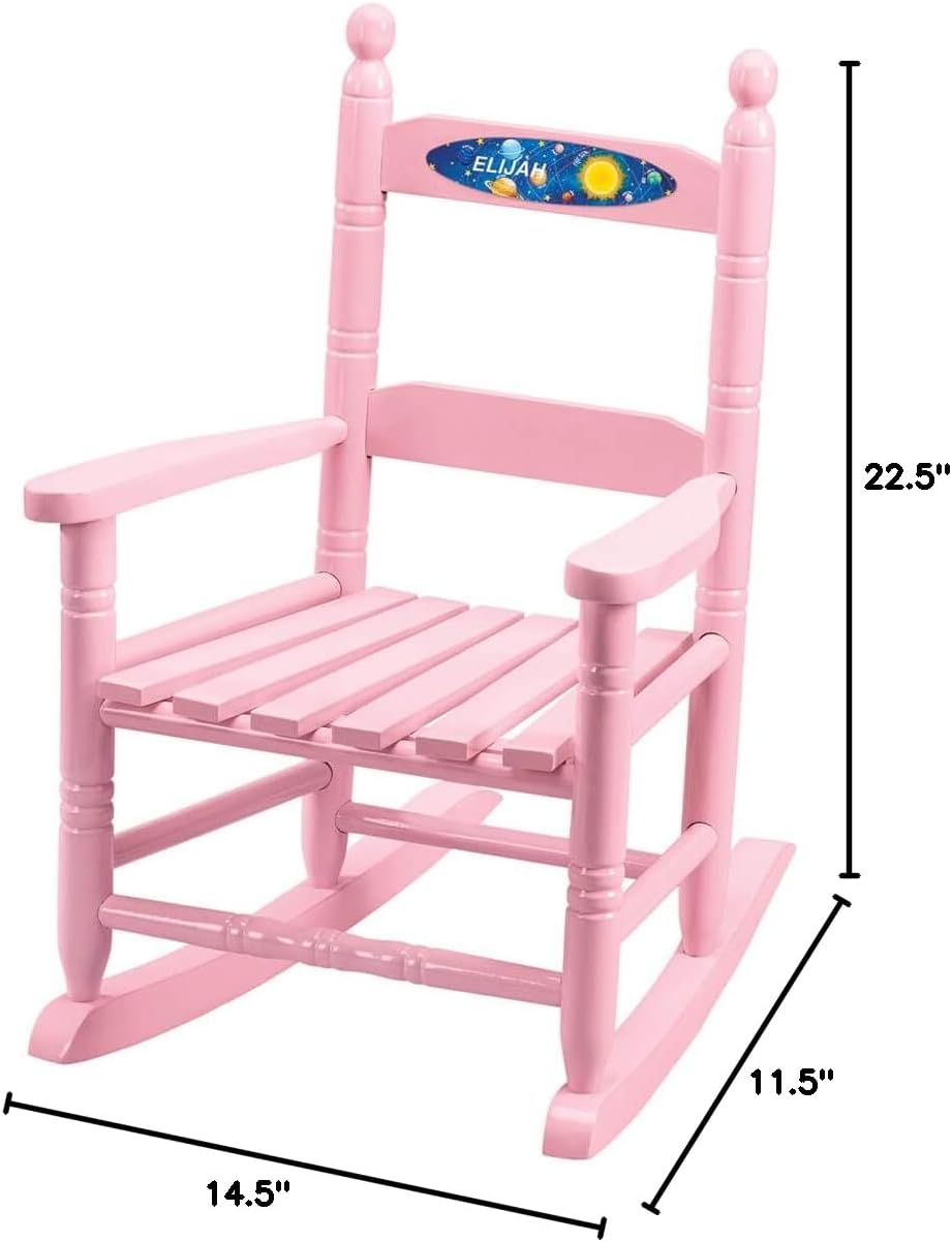 Custom Space-Themed Children's Rocking Chair, Durable Wood - Measures 14 | 1/2" Wide x 11 1/2" Deep; 22 1/2" Overall Height, Pink Font