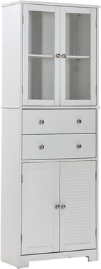 23.6" D*11.8" W*66.9" H Freestanding Kitchen Pantry with 4 Dawers, 2 Shelves, Top French Door & Lower Double Door, Rectangular Storage Cabinet, for Living Room, Dining Room, White