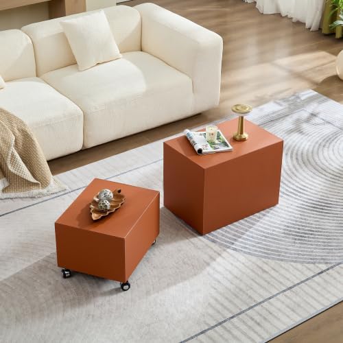 2-Piece Small Cube Side Table and Rolling Side Table Set | Modern Movable End...